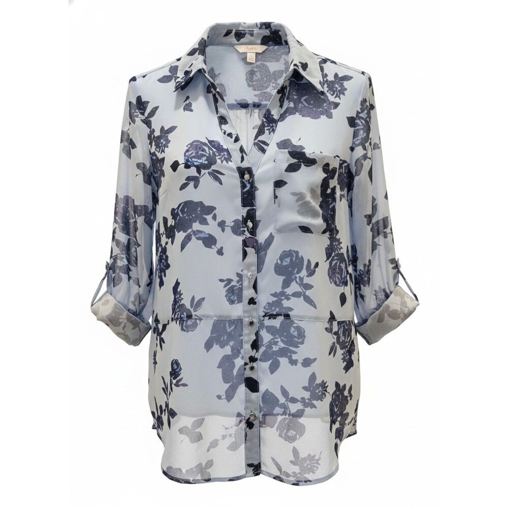 Candie's Y2K Blue Floral Sheer Button-Up Blouse Top M Roll Tab Sleeve Fairycore